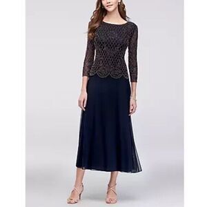 NEW XSCAPE 3/4 Sleeve Mesh MIDI Dress Metallic Beaded Layered Navy Women 14 807X